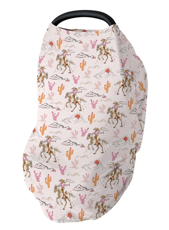ZoUbqchY Cute Pink Cowgirl Car Seat Cover for Baby Western Cowgirls Horse Cactus Mountain Sunset Stretchy 5-in-1 Covers Adjustable Infant Carseat Canopy Cover Wild West Desert Breathable Nursing Cover-Up - Image 1